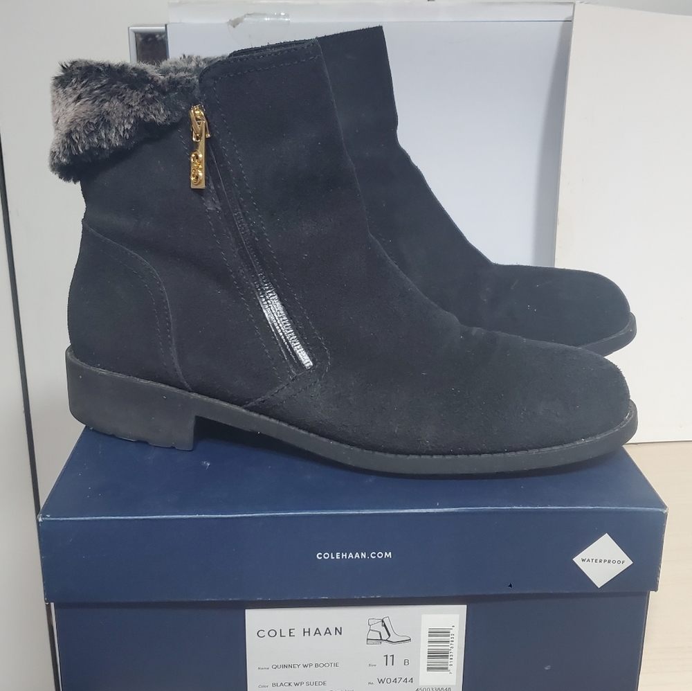 Cole Haan Womens Quinney Booties Faux Fur Trim Block Heel - Black Suede sz 11